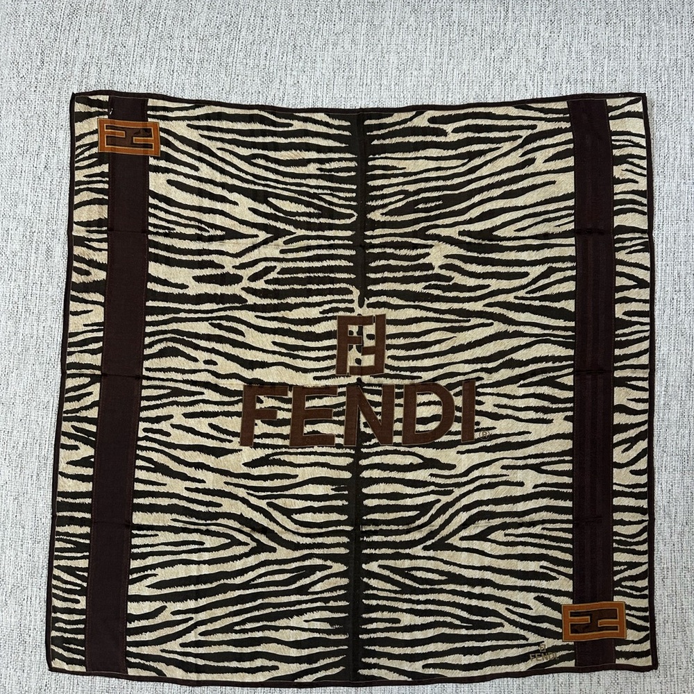 Vintage Fendi Zebra-Stripe Logo Square Scarf in Brown and Cream